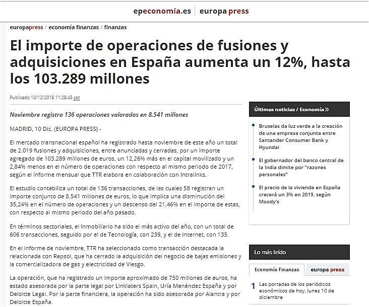 El importe de operaciones de fusiones y adquisiciones en Espaa aumenta un 12% hasta noviembre